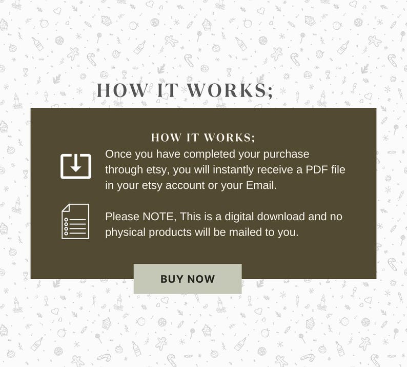 Pu&ograve; includere: Un rettangolo marrone con testo bianco che dice "HOW IT WORKS;" e un'icona di download bianca. Sotto il testo c'&egrave; un'icona di documento bianco e il testo "Please NOTE, This is a digital download and no physical products will be mailed to you." Sotto c'&egrave; un pulsante marrone che dice "BUY NOW".