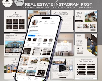 Modelli Instagram per il settore immobiliare, post sui social media per agenti immobiliari, modelli Canva modificabili, kit di marketing immobiliare, contenuti Instagram per agenti immobiliari