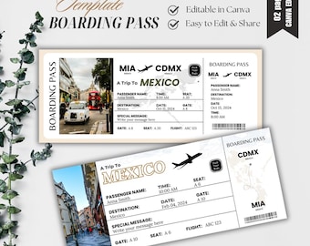 Mexico Boarding Pass Template, Travel Ticket Invitation, Editable Canva Ticket, Surprise Trip Gift, Printable Boarding Pass, Vacation Reveal