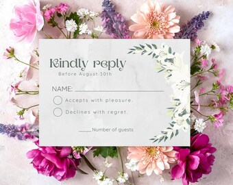 Minimalist Wedding RSVP Card Template, Floral Wedding Response Card, Editable Canva RSVP Template, Printable Wedding Suite Digital Download