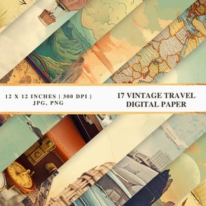 Pu&ograve; includere: Un collage di 17 carte digitali a tema vintage di viaggio. Le carte presentano mappe, globi, valigie e altre immagini legate ai viaggi. Le carte misurano 30,5 x 30,5 cm e 300 DPI.