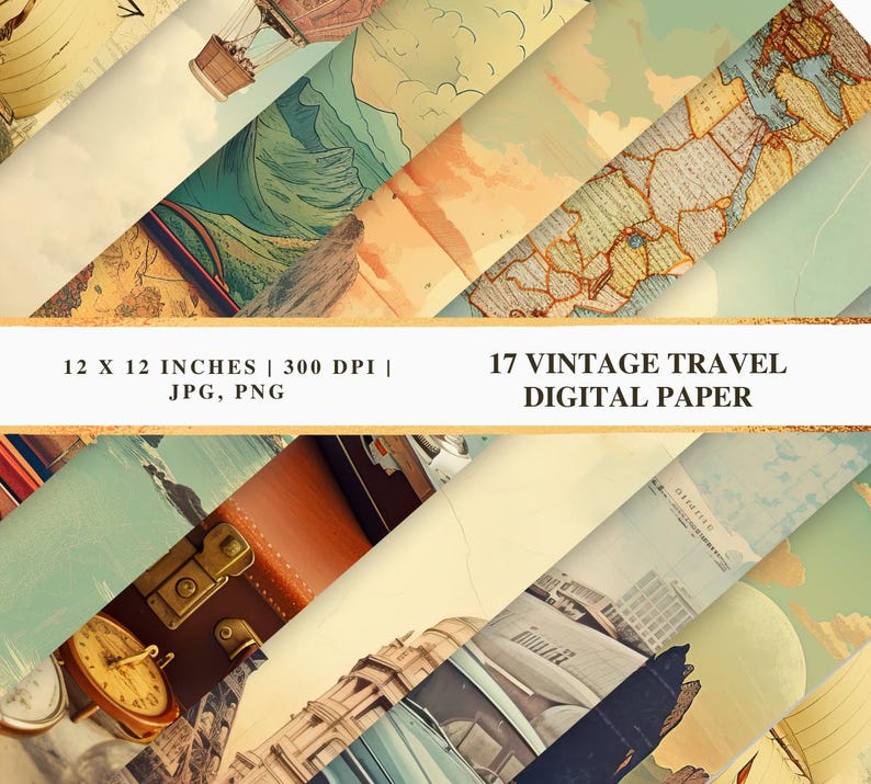 Pu&ograve; includere: Un collage di 17 carte digitali a tema vintage di viaggio. Le carte presentano mappe, globi, valigie e altre immagini legate ai viaggi. Le carte misurano 30,5 x 30,5 cm e 300 DPI.