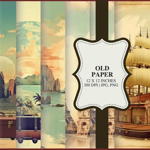 Pu&ograve; includere: Un set di sei sfondi di carta digitale con temi di viaggio vintage. I fogli includono immagini di una nave, un'isola tropicale, una citt&agrave; e una valigia. I fogli misurano 30,48 cm per 30,48 cm e 300 DPI. Il testo "OLD PAPER 12 X 12 INCHES 300 DPI | JPG, PNG" &egrave; visualizzato su un'etichetta bianca con un bordo nero.