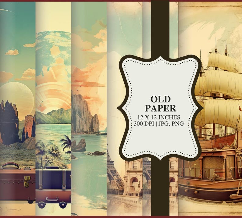 Pu&ograve; includere: Un set di sei sfondi di carta digitale con temi di viaggio vintage. I fogli includono immagini di una nave, un'isola tropicale, una citt&agrave; e una valigia. I fogli misurano 30,48 cm per 30,48 cm e 300 DPI. Il testo "OLD PAPER 12 X 12 INCHES 300 DPI | JPG, PNG" &egrave; visualizzato su un'etichetta bianca con un bordo nero.