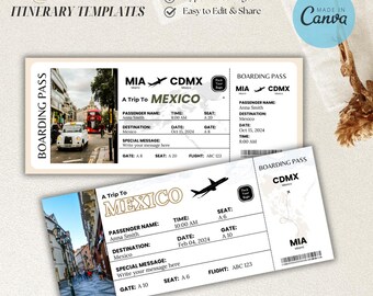 サプライズメキシコ旅行発表チケットテンプレートCanva印刷可能偽搭乗