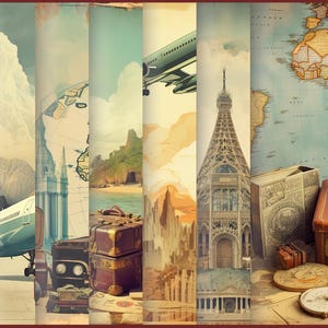 Pu&ograve; includere: Un collage di viaggio vintage con un globo terrestre, un aereo, una valigia, una mappa e la Torre Eiffel. Il collage &egrave; composto da diverse texture e colori, tra cui marrone, blu e verde.