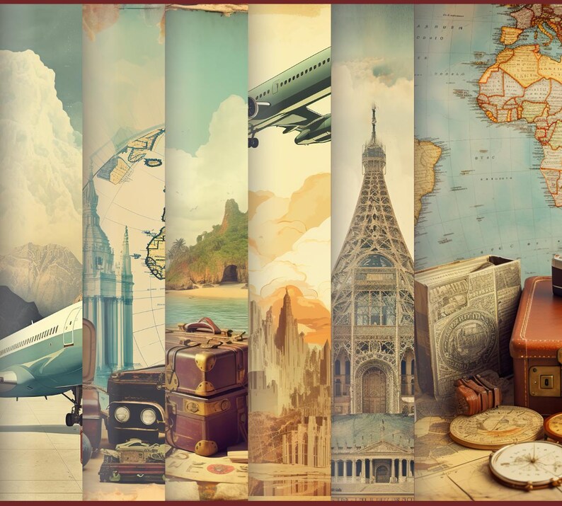 Pu&ograve; includere: Un collage di viaggio vintage con un globo terrestre, un aereo, una valigia, una mappa e la Torre Eiffel. Il collage &egrave; composto da diverse texture e colori, tra cui marrone, blu e verde.