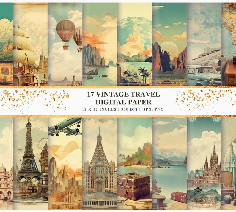 Pu&ograve; includere: Un set di 17 carte digitali di viaggio vintage con immagini di aerei, mongolfiere, navi, monumenti e valigie. Le carte misurano 30,5 cm per 30,5 cm e 300 DPI.