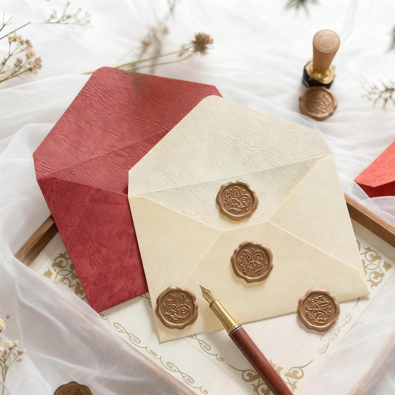 May include: Two envelopes, one red and one cream, are displayed with decorative wax seals. A pen with a brown barrel and gold accents rests near the envelopes. A wax seal stamp is also visible, suggesting a stationery or correspondence theme.