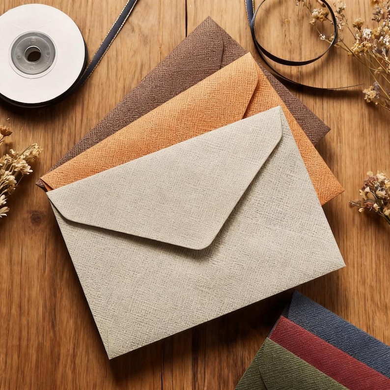 May include: An overhead shot of several textured envelopes in various colors: beige, orange, and brown. A roll of white ribbon and a dark blue ribbon are in the background. Dried flowers are scattered around the envelopes.