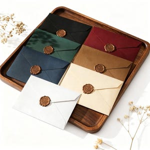 May include: A selection of coloured envelopes in shades such as black, green, navy, burgundy, and cream, presented on a wooden tray. Each envelope is sealed with a decorative wax seal, adding an elegant touch. Perfect for invitations or special correspondence.