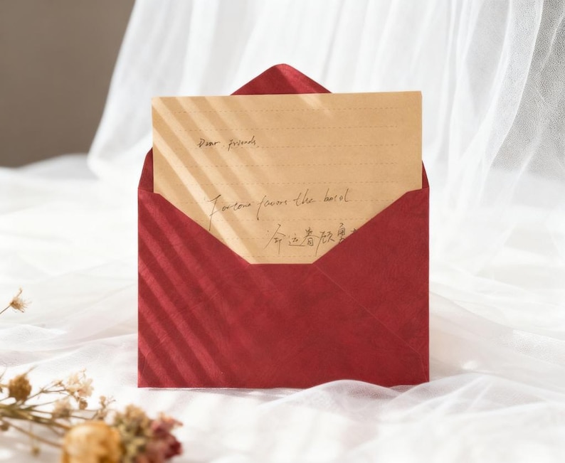 May include: A red envelope with a textured surface, holding a tan-colored card. The card has handwritten text that reads "Dear friends" and other script. The envelope is open, revealing the card inside. The background is a white, sheer fabric.