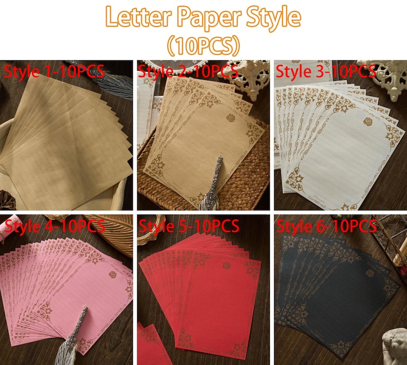 May include: A collection of letter paper in various styles and colors. The image shows six different stacks of paper, each with a unique design. The paper colors include brown, beige, white, pink, red, and black. Each sheet has a decorative border.
