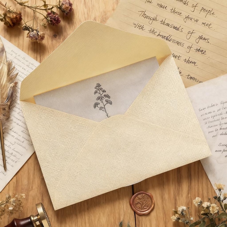 May include: A cream-colored envelope with a textured surface, open to reveal a card with a floral illustration. The scene includes handwritten letters, dried flowers, and a wax seal, suggesting a vintage or artistic theme.