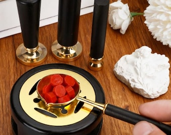 Accesorios para sellar con cera, estufa de madera para sellos, kit de estufa negra, amarilla y marrón, herramientas para sellar con cera, cuchara y mango de madera.