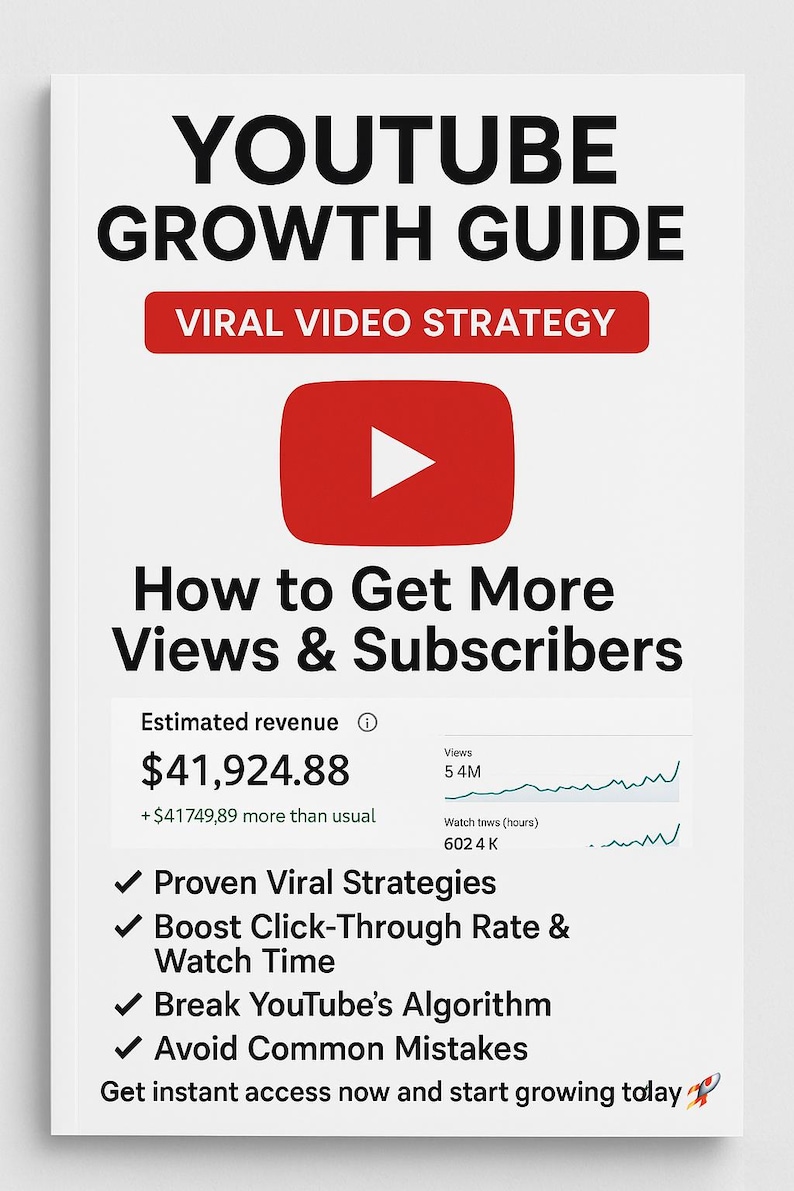 May include: A graphic with a red play button and the text "YOUTUBE GROWTH GUIDE VIRAL VIDEO STRATEGY"  in black. The text "How to Get More Views & Subscribers" is in black.  A chart shows estimated revenue of $41,924.88, views of 5.4M, and watch time of 602.4K.  A checklist includes "Proven Viral Strategies", "Boost Click-Through Rate & Watch Time", "Break YouTube's Algorithm", and "Avoid Common Mistakes". The text "Get instant access now and start growing today" is in black with a rocket emoji.