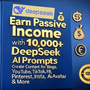 Peut inclure: Une couverture de livre bleue avec le titre "Gagner un revenu passif avec plus de 10 000 invites d'IA DeepSeek". La couverture présente également un logo de baleine bleue, des pièces d'or et un badge de garantie de satisfaction à 100%.