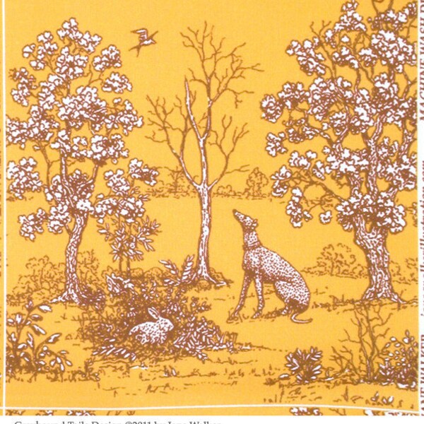 Greyhound Fabric Toile de Jouy Quilt Squares, gold and brown panel of 14