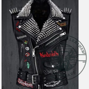 Men’s Black Leather Gothic Jacket – Waist Belted Outerwear with Spikes, Studs & Classic Printed Patches – Punk Biker Fashion. Men Fashion