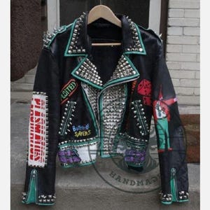 Handmade Men’s Personalized Studded Biker Leather Jacket – Gothic Steampunk Style with Classic Printed Patches – Custom Punk Rock Fashion