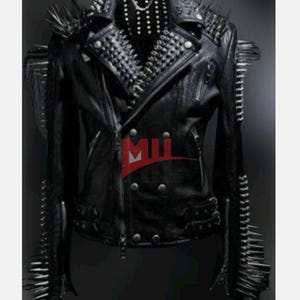 Handmade Women’s Black Leather Jacket – Silver Heavy Studded, Slim Fit Long Punk Biker Coat – Genuine Leather Fashion Made to order
