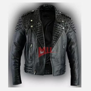 Handmade Men’s Black Sheepskin Leather Jacket – Genuine Leather with Black Metal Studs – Gothic Punk Biker Outerwear Men Fashion