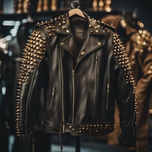 Handmade Men&#39;s Black Leather Jacket – Heavy Spiked Biker Jacket – Punk Rock Studded Moto Jacket – Custom Rockstar Leather Coat
