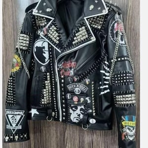 Handcrafted Men’s Punk Leather Jacket – Silver Studded Biker Coat with Patches – Custom Rocker, Grunge, Goth Fashion, Men Fashion