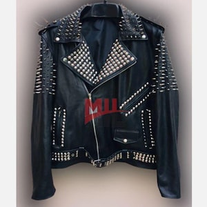 Handmade Men’s Black Leather Jacket – Silver Studded & Long Spiked Punk Coat – Stylish Gothic Biker Fashion, Men Fashion, Made to order