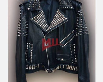 スタッズファッションジャケットパンクメンズ本革、シルバーヘビー
