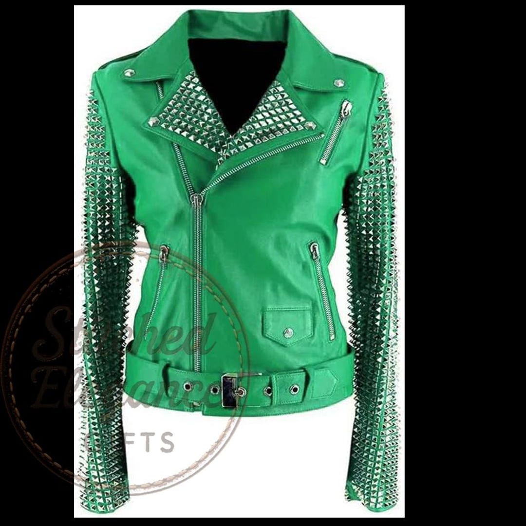 Green Leather Studded Biker Jacket main image 0