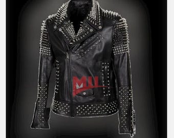 スタッズファッションジャケットパンクメンズ本革、シルバーヘビー