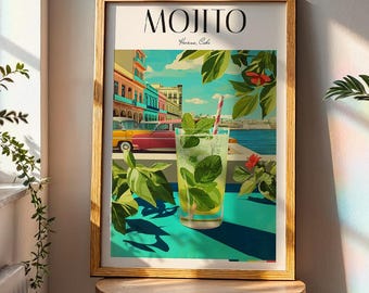 Mojito Cocktail Art Print, Havana Cuba Kitchen Decor, Vintage Poster