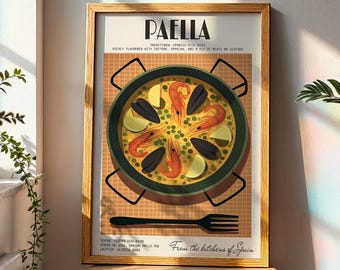 Spanish Paella Art Print, Rustic Kitchen Decor, Vintage Food Poster
