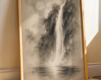 Sumi Ink Waterfall Print, Moonlit Cliff Landscape, Monochrome Ink Wash Nature Artwork, Misty Waterfall Wall Art