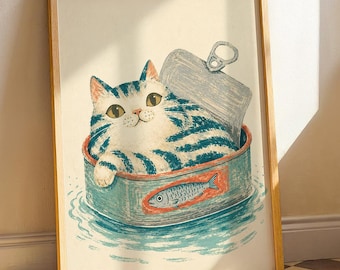 Tabby Cat in Sardine Tin Art Print, Funny Tinned Fish Kitchen Poster, Whimsical Seafood Illustration, Quirky Food Decor, Cat Lover Gift