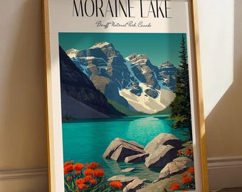 Moraine Lake Vintage Travel Poster, Banff National Park Art Print