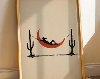 Funny Crescent Moon Hammock Cowboy Poster, Western Gift Desert Artwork, Modern Boho Home Decor