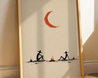 Rustic Minimalist Burnt Orange Art Print, Crescent Campfire Wall Art, Western Boho Home Decor