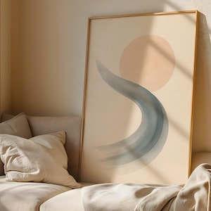 Modern Minimalist Wall Decor with Curved Brushstroke and Peach Circle | Japandi Aesthetic Abstract Art in Cream, Gray, and Peach