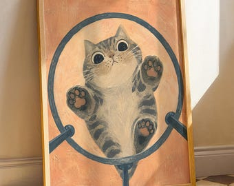 Tabby Cat on Glass Table Art Print, Funny Kitty Toe Beans Poster, Whimsical Animal Wall Decor, Cute Pet Illustration, Cat Lover Gift