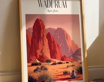 Wadi Rum Travel Print, Vintage Jordan Desert Landscape Art