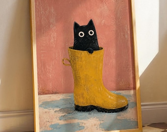 Black Cat in Yellow Boot Print, Whimsical Animal Poster, Cute Rainy Day Art, Quirky Animal Illustration