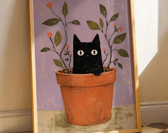 Black Cat Plant Pot Print, Whimsical Terracotta Planter Poster, Botanical Black Cat Art, Cute Plat Lover Gift, Mid Century Cat Illustration