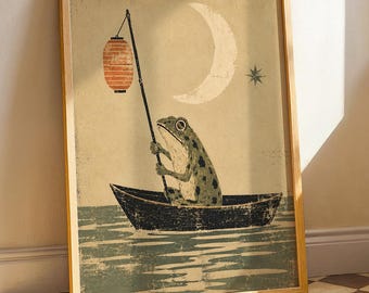 Vintage Rustic Woodcut Frog Wall Art, Wall Art, Cottagecore Whimsical Frog Artwork
