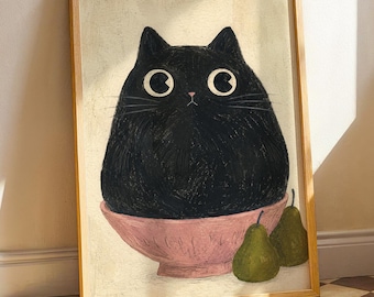 Black Cat in Bowl Art Print, Cute Kitchen Wall Art, Funny Feline Illustration, Quirky Dining Room Decor, Gift for Cat Lovers