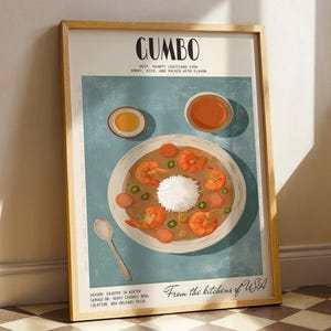 Gumbo Art Print for a Louisiana Kitchen, New Orleans Seafood Stew Poster in Teal and Orange with Rice and Shrimp