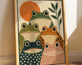 Quirky Frog Art Print, Retro Japanese Block Style, Colorful Toads Poster, Whimsical Green Pink, Japandi Wall Art, Cottagecore Decor