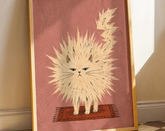 Spiky Fluffy Cat Art Print, Mid Century Modern Folk Poster, Funny Angled Static Shock Fur Illustration, Quirky Animal Decor, Pet Gift