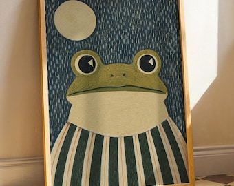 Japandi Moon Frog Poster, Vintage Boho Frog Poster, Rustic Vintage Wall Decor